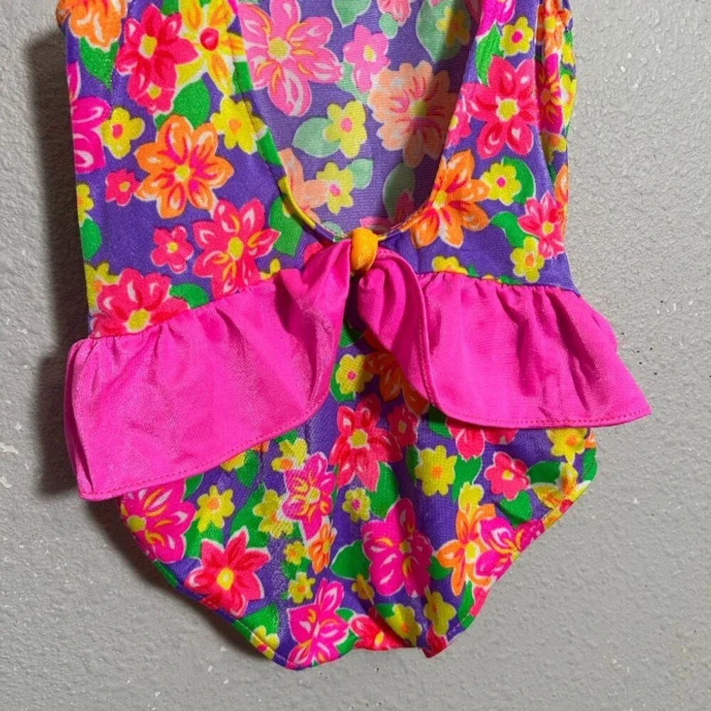 VTG 90s Oshkosh Bgosh Swimsuit 3T/4T Neon Floral Ruffles One Piece Swim